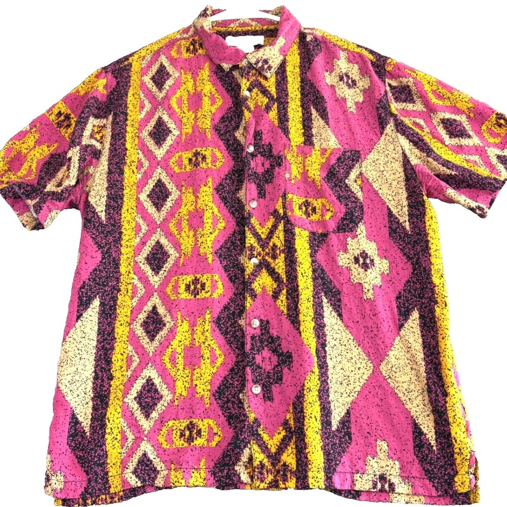 Urban Outfitters Mens M Shirt Purple Yellow Geometric Colorful Camp Casual Y2K